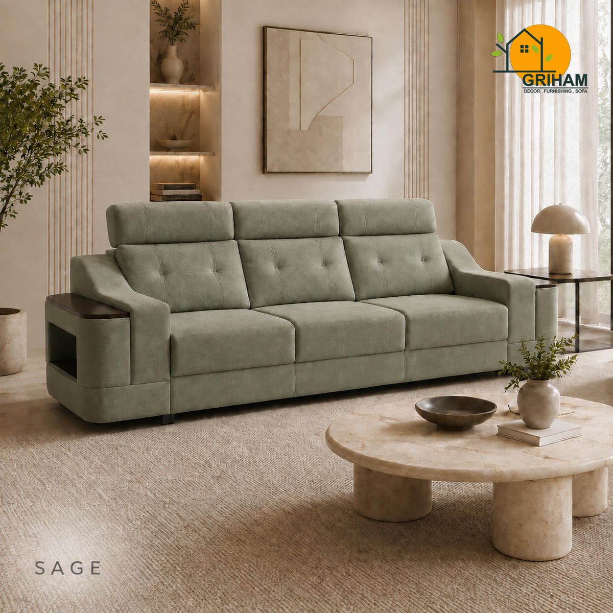 Haven Storage-Arm Sofa - 3 Seater in Sage | Griham Decor