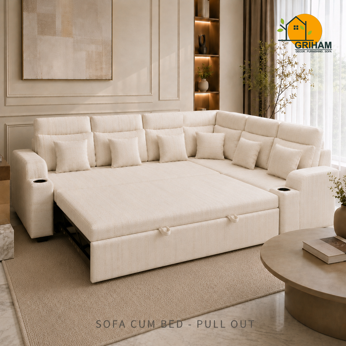 Metro Sofa-Cum-Bed - 3+2 Corner in Ivory | Griham Decor