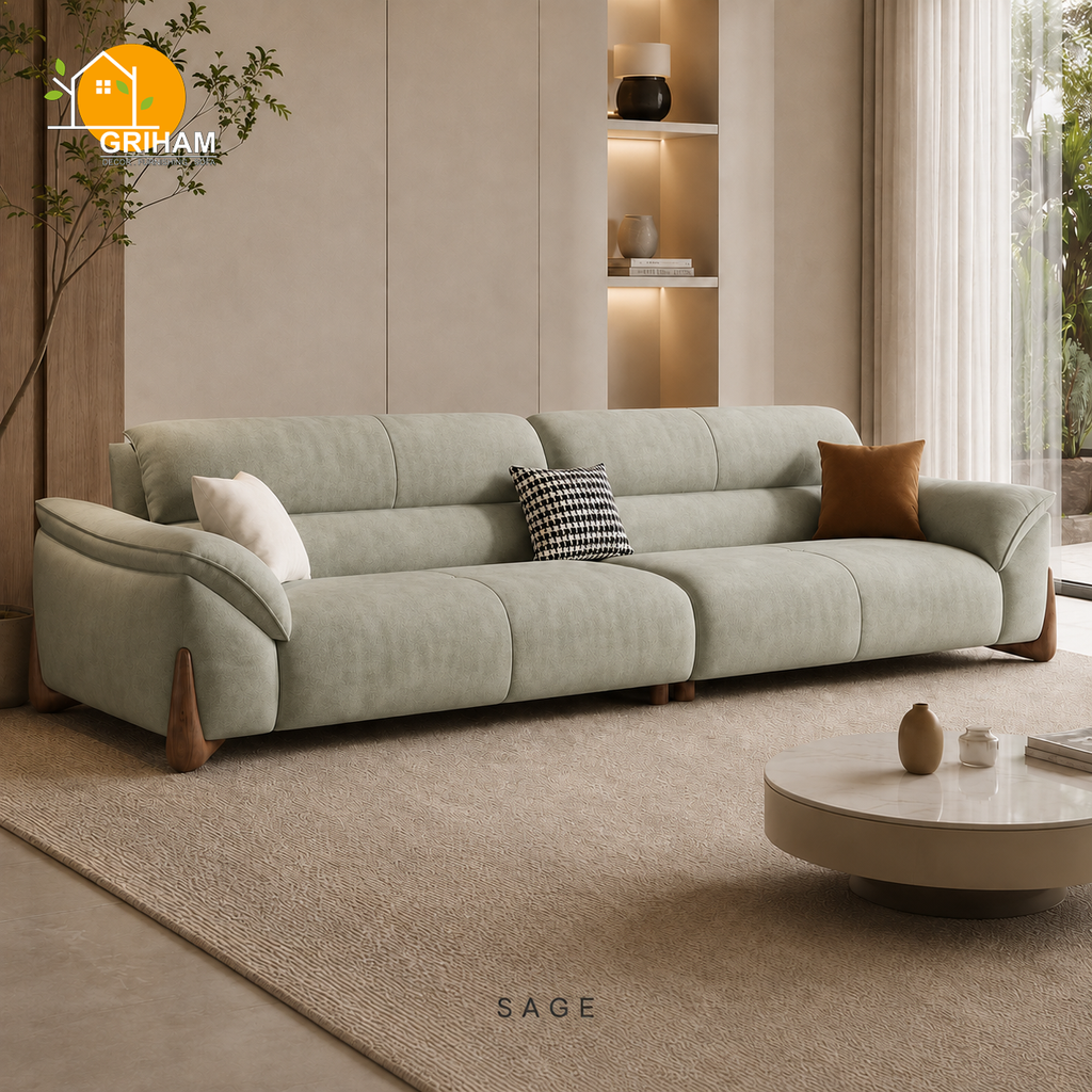 Kyoto Wood-Accent Sofa - 3 Seater in Sage | Griham Decor