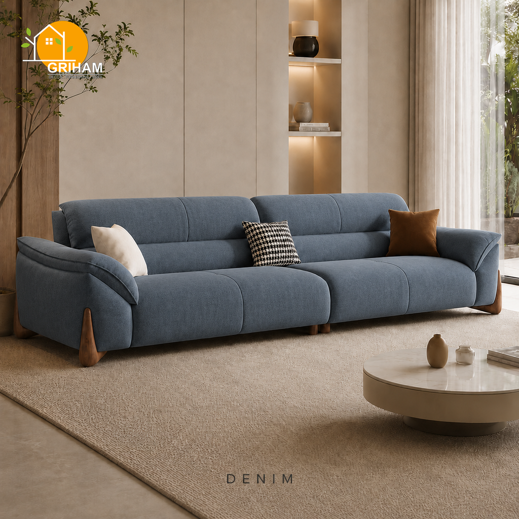 Kyoto Wood-Accent Sofa - 3 Seater in Denim | Griham Decor