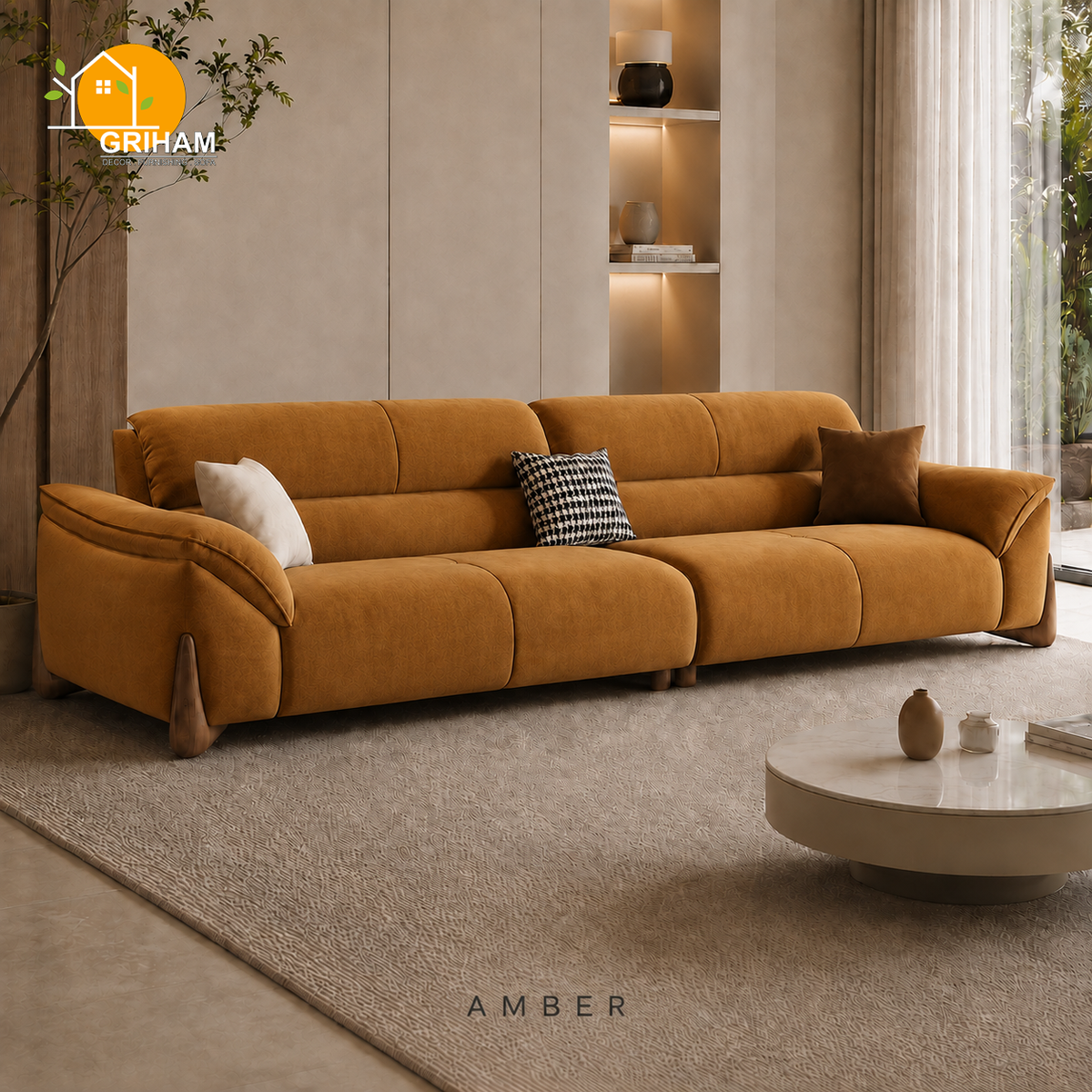 Kyoto Wood-Accent Sofa - 3 Seater in Amber | Griham Decor