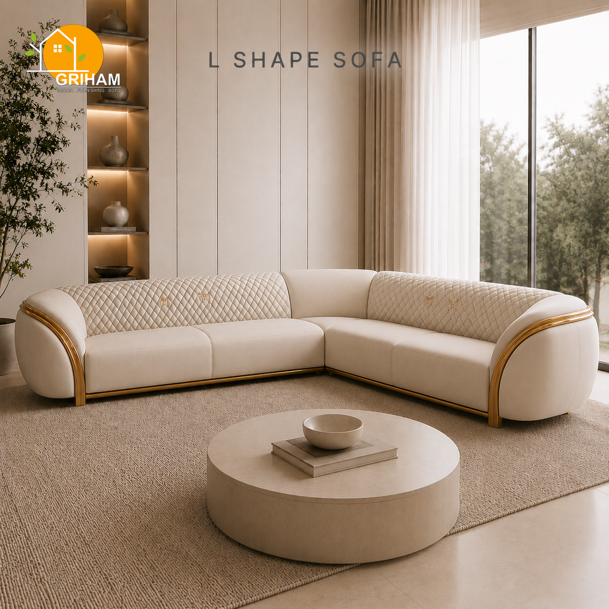 Aurelia Gold-Trim Sofa - 3+2 Corner in Ivory | Griham Decor