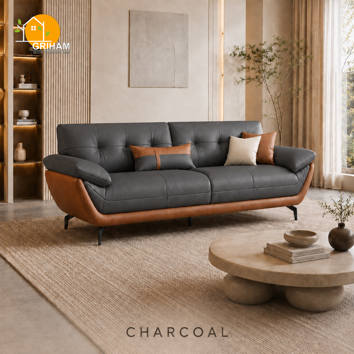 Monaco Curve Sofa - 3 Seater in Charcoal | Griham Decor