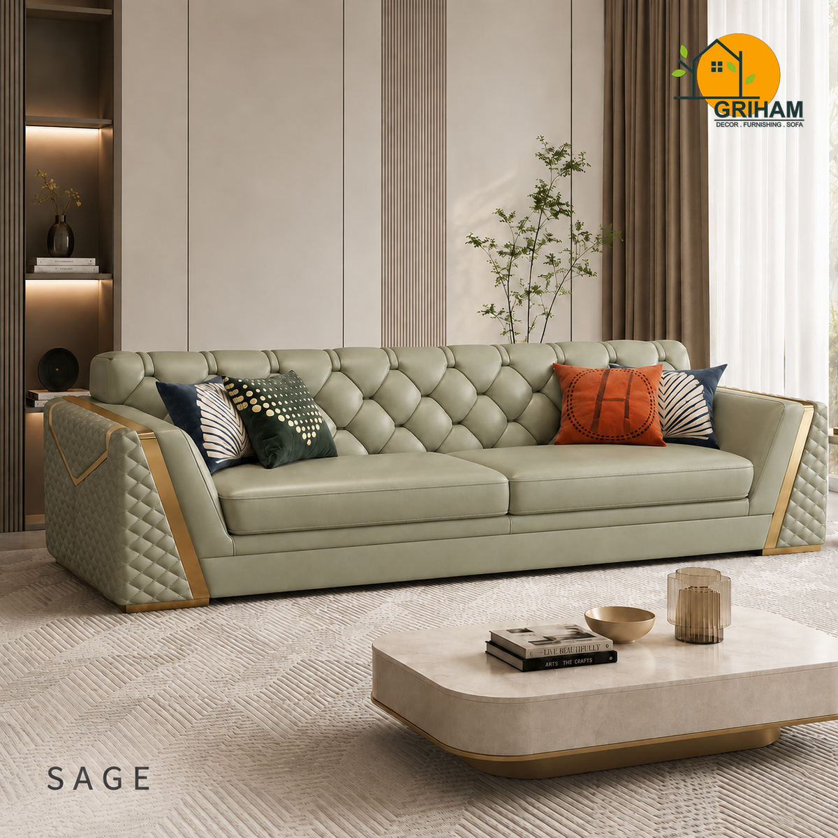 Imperial Diamond Sofa - 3 Seater in Sage | Griham Decor