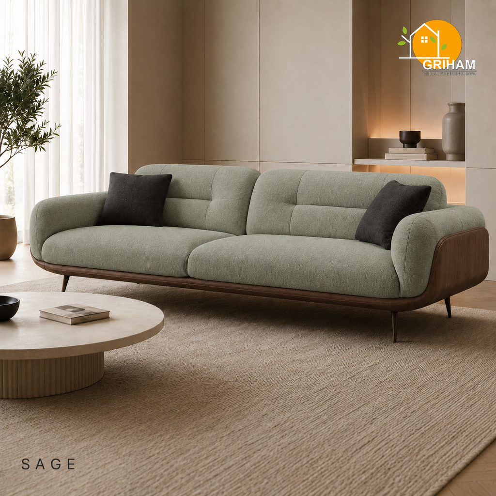 Oslo Walnut Wrap Sofa - 3 Seater in Sage | Griham Decor
