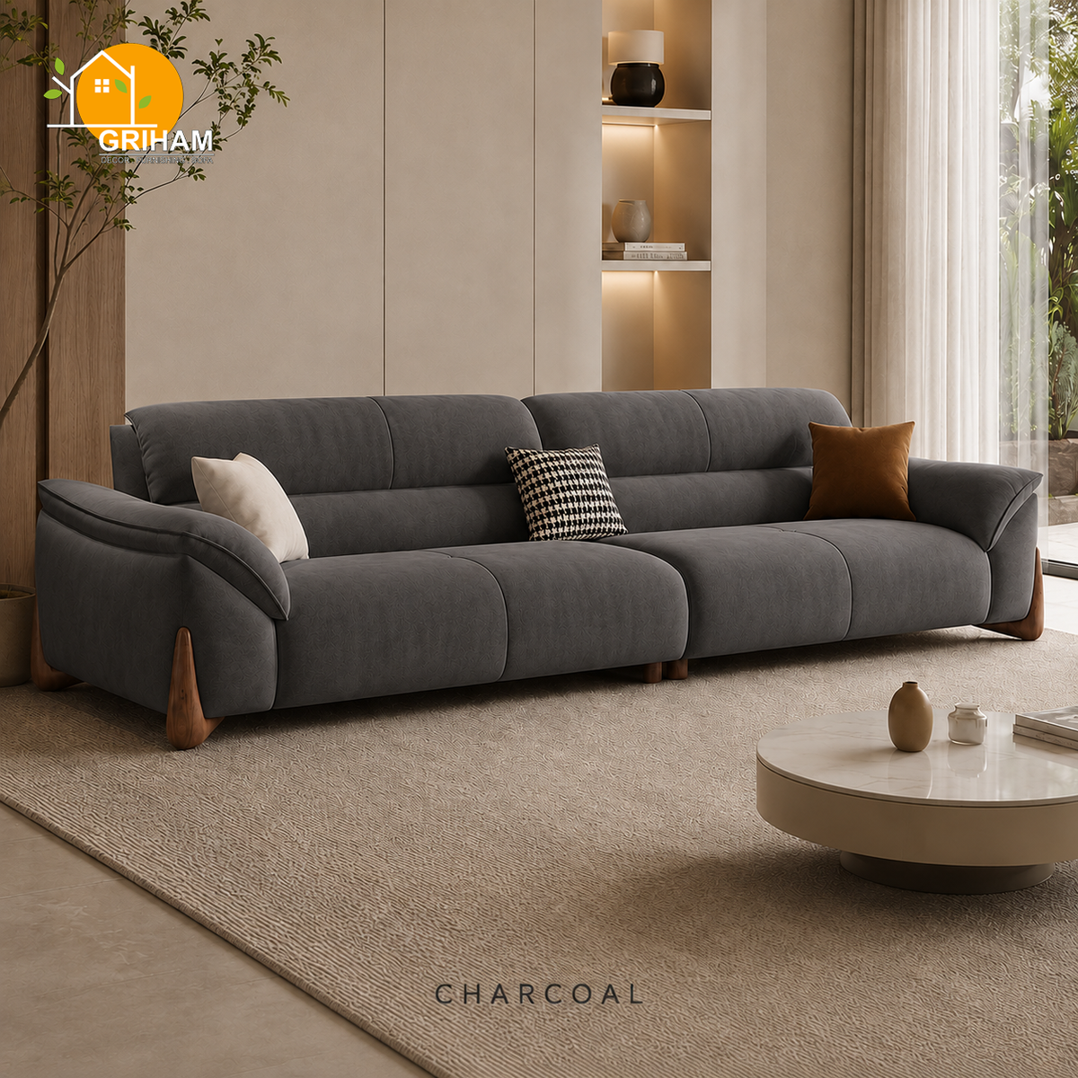 Kyoto Wood-Accent Sofa - 3 Seater in Charcoal | Griham Decor