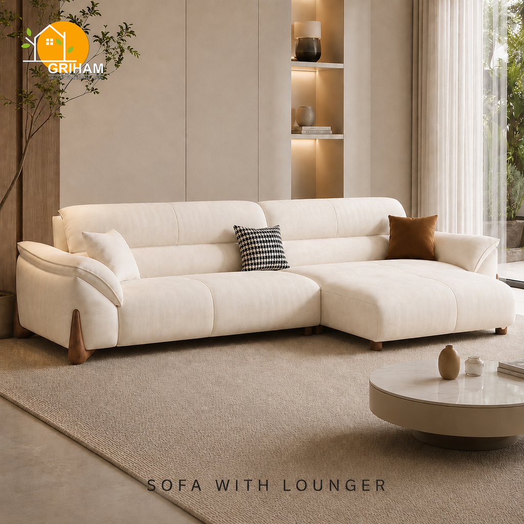 Kyoto Wood-Accent Sofa - 3+Lounger in Ivory | Griham Decor