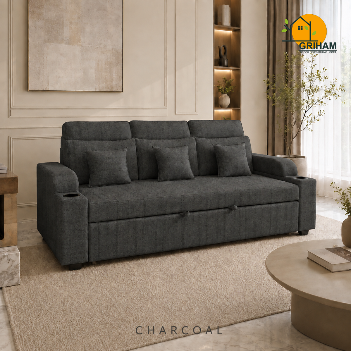 Metro Sofa-Cum-Bed - 3 Seater in Charcoal | Griham Decor
