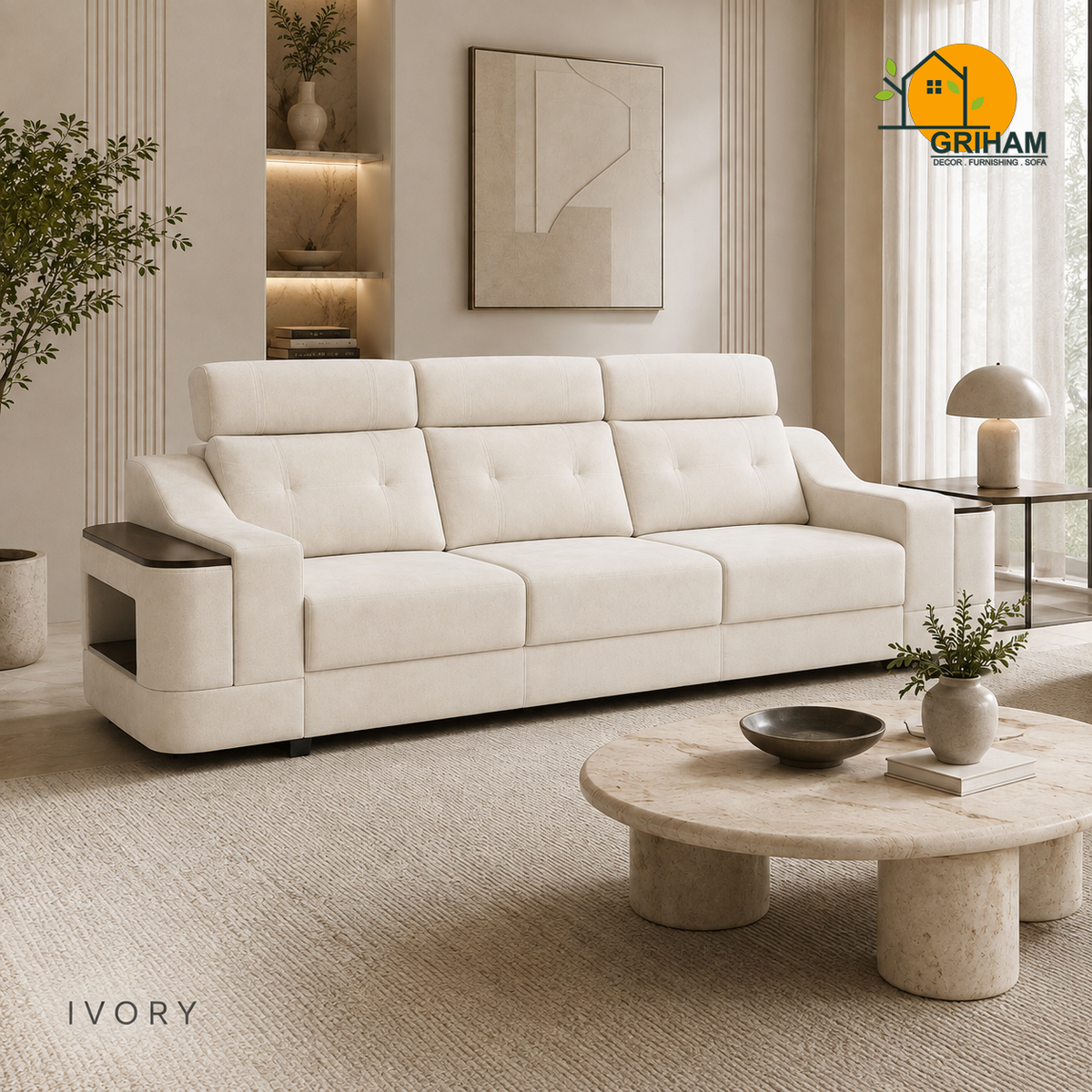 Haven Storage-Arm Sofa - 3 Seater in Ivory | Griham Decor
