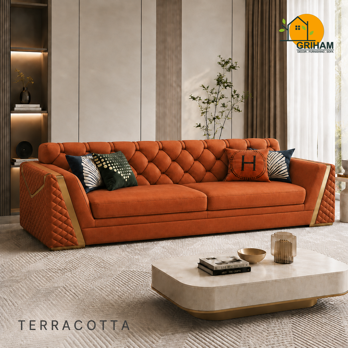 Imperial Diamond Sofa - 3 Seater in Terracotta | Griham Decor