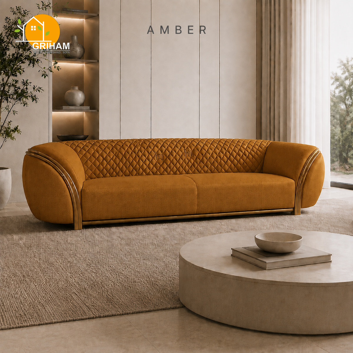 Aurelia Gold-Trim Sofa - 3 Seater in Amber | Griham Decor