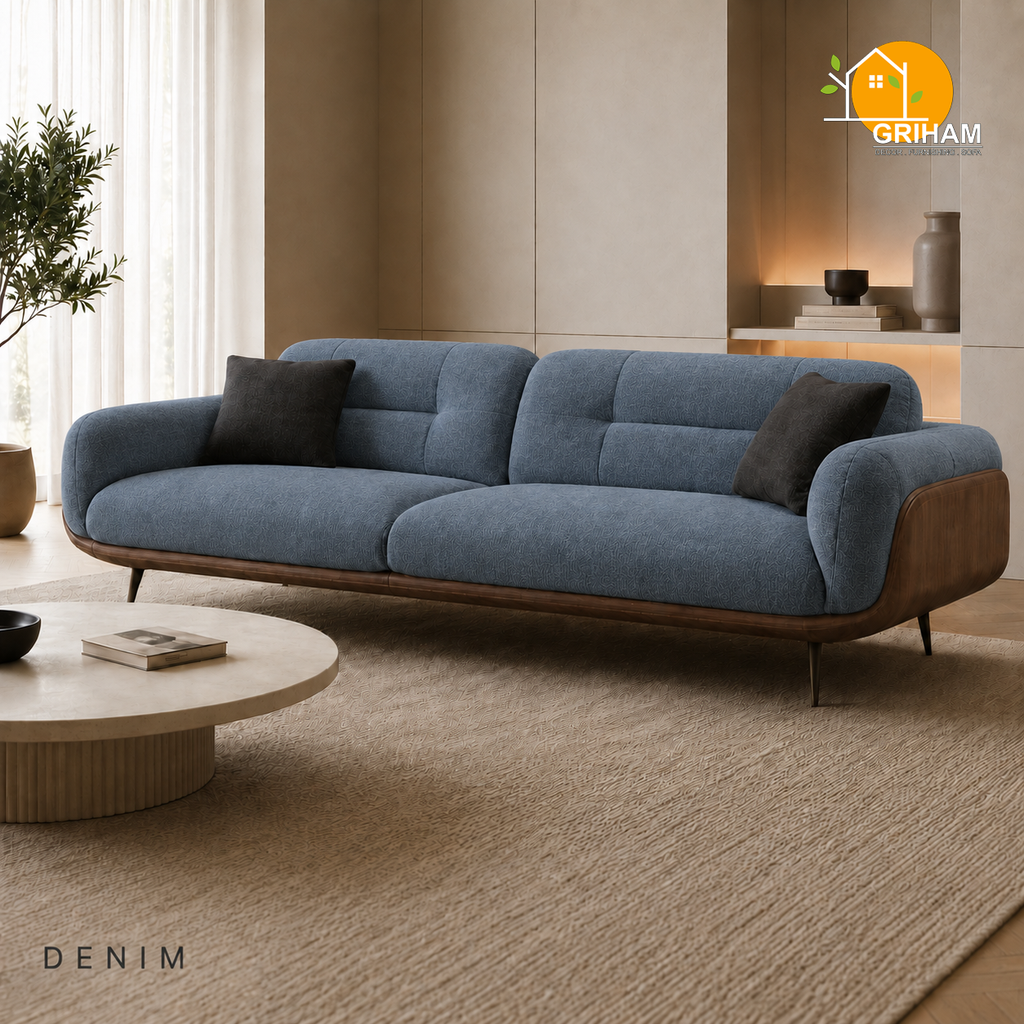 Oslo Walnut Wrap Sofa - 3 Seater in Denim | Griham Decor