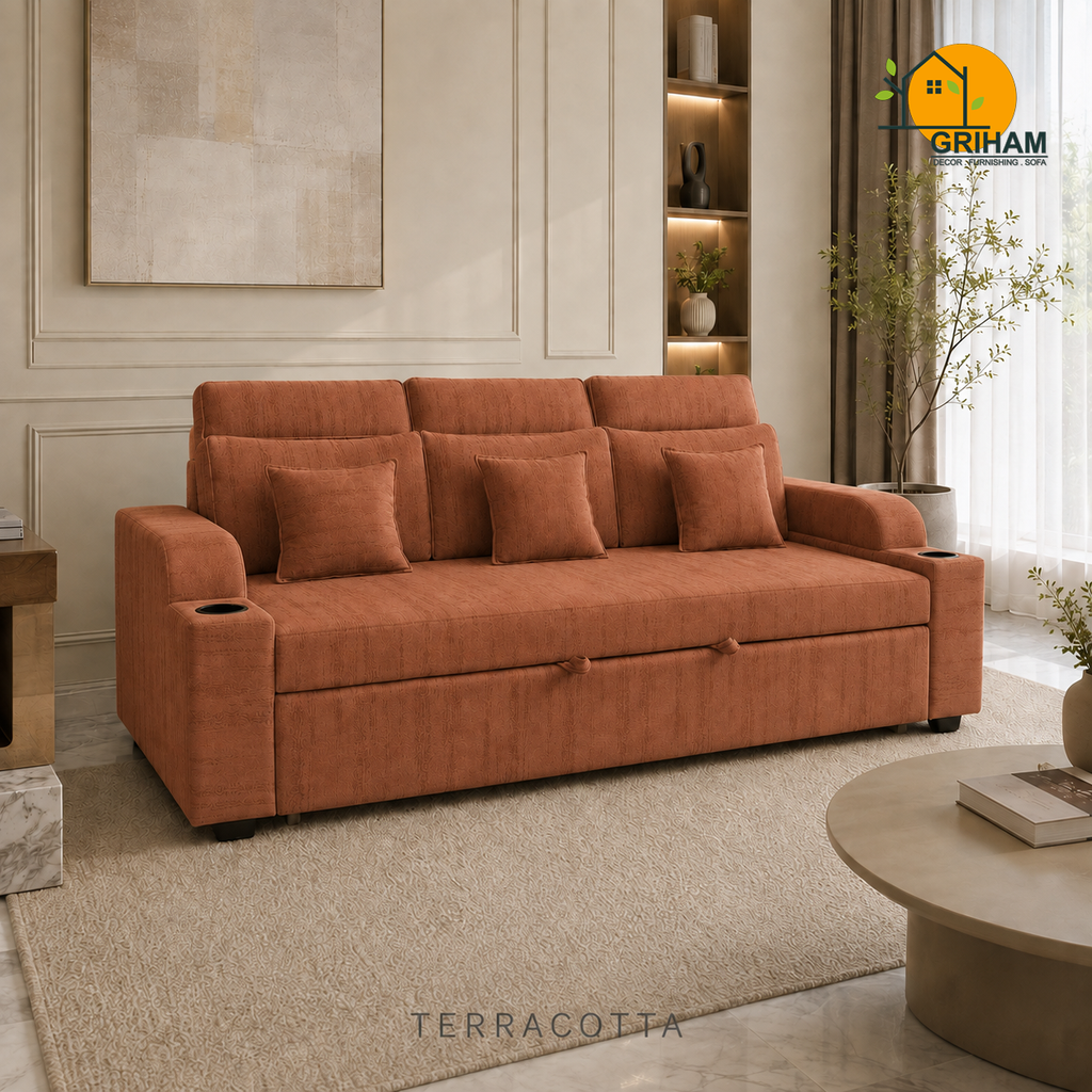 Metro Sofa-Cum-Bed - 3 Seater in Terracotta | Griham Decor