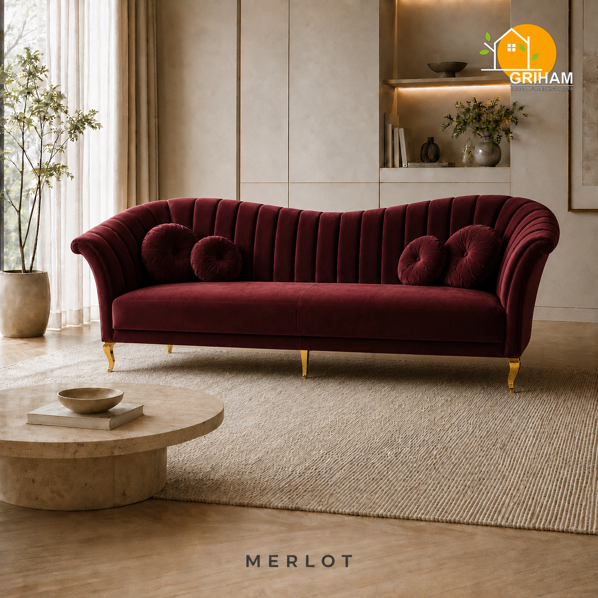 Celeste Fan-Back Sofa - 3 Seater in Merlot | Griham Decor