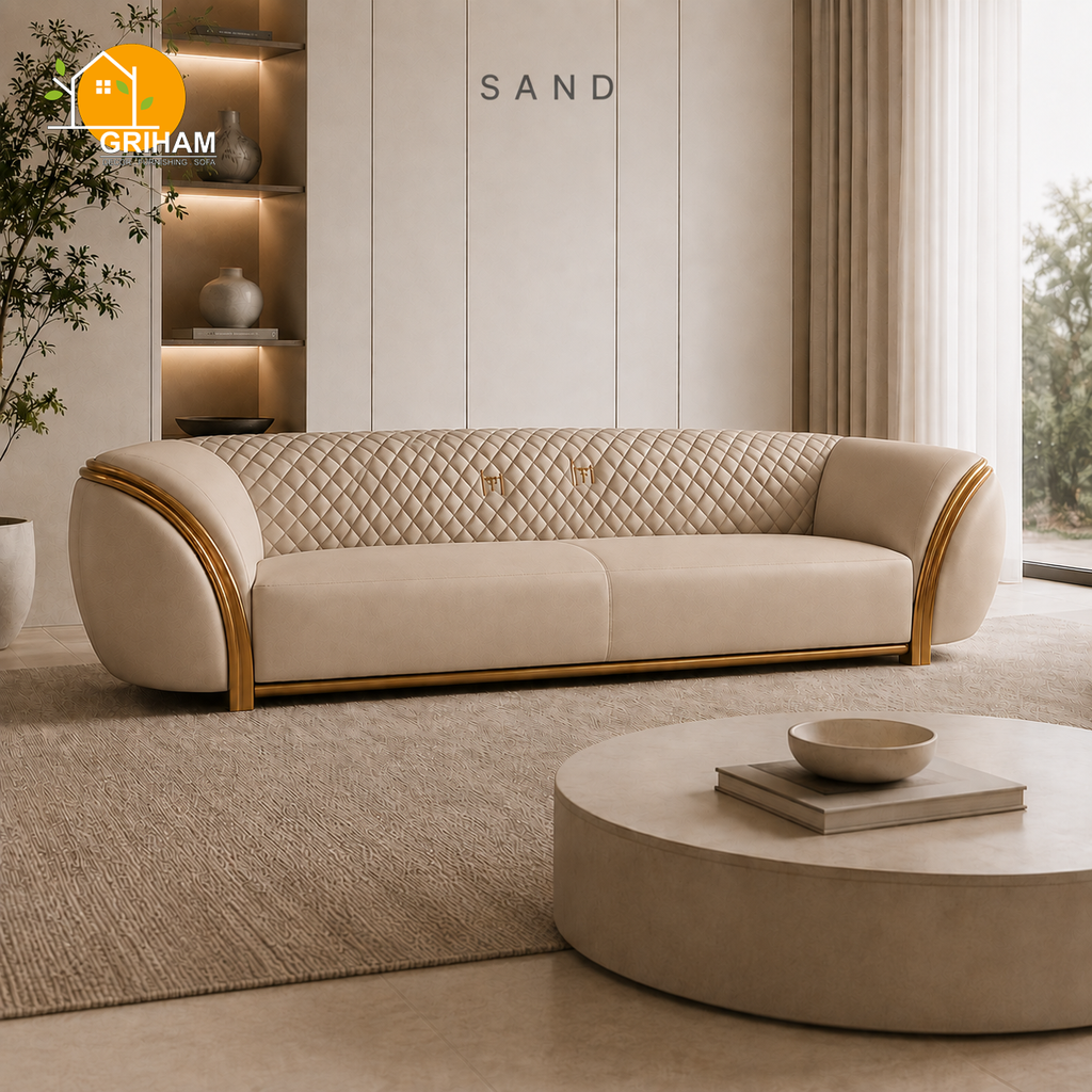 Aurelia Gold-Trim Sofa - 3 Seater in Sand | Griham Decor