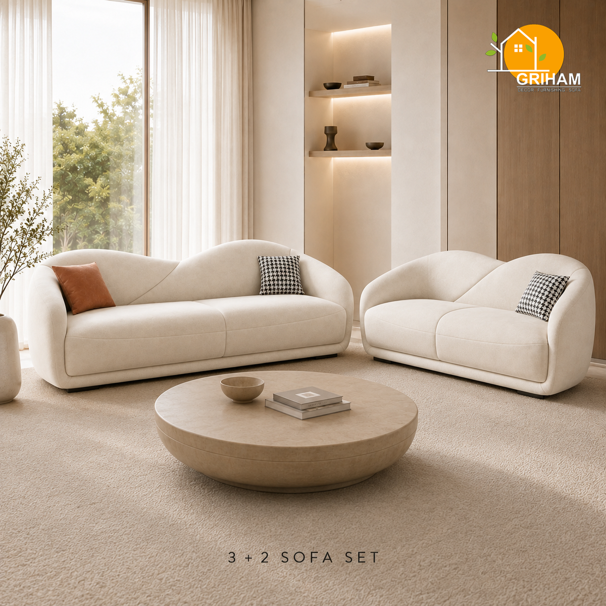 Serene Wave Sofa - 3+2 Seater in Ivory | Griham Decor