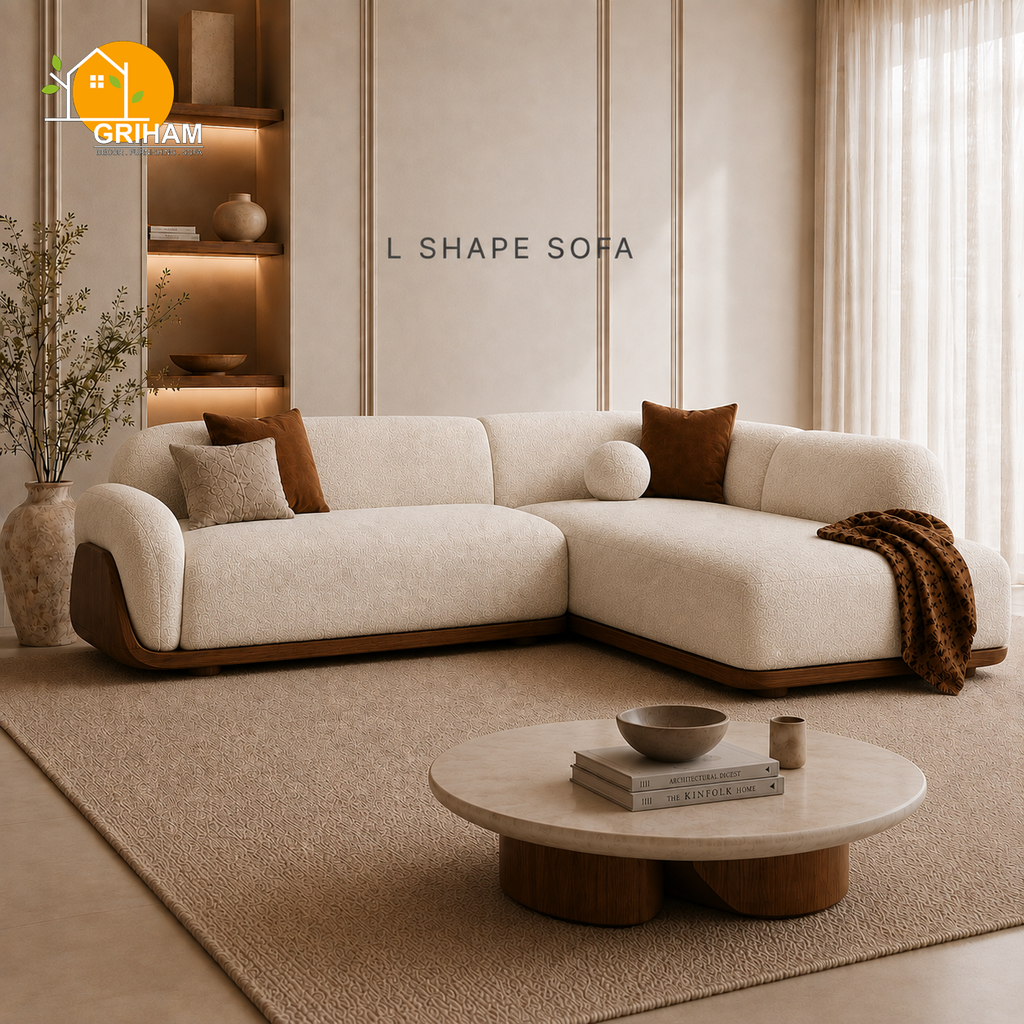 Terra Walnut Cradle Sofa - 3+2 Corner in Ivory | Griham Decor
