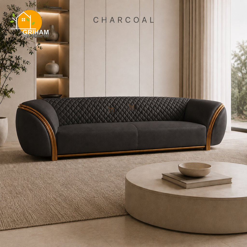 Aurelia Gold-Trim Sofa - 3 Seater in Charcoal | Griham Decor