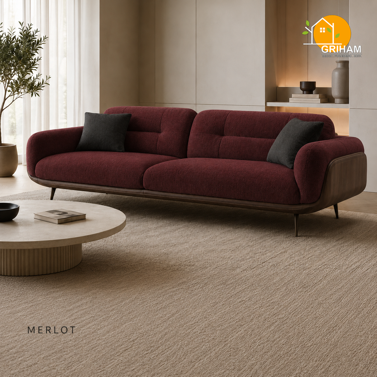 Oslo Walnut Wrap Sofa - 3 Seater in Merlot | Griham Decor