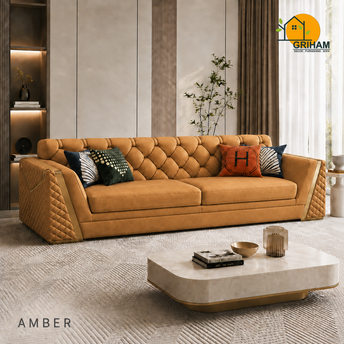 Imperial Diamond Sofa - 3 Seater in Amber | Griham Decor