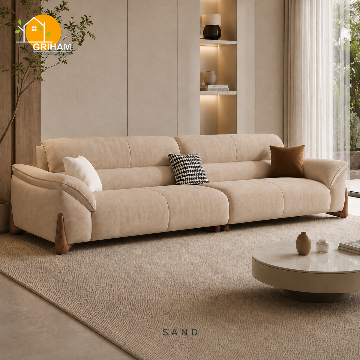Kyoto Wood-Accent Sofa - 3 Seater in Sand | Griham Decor