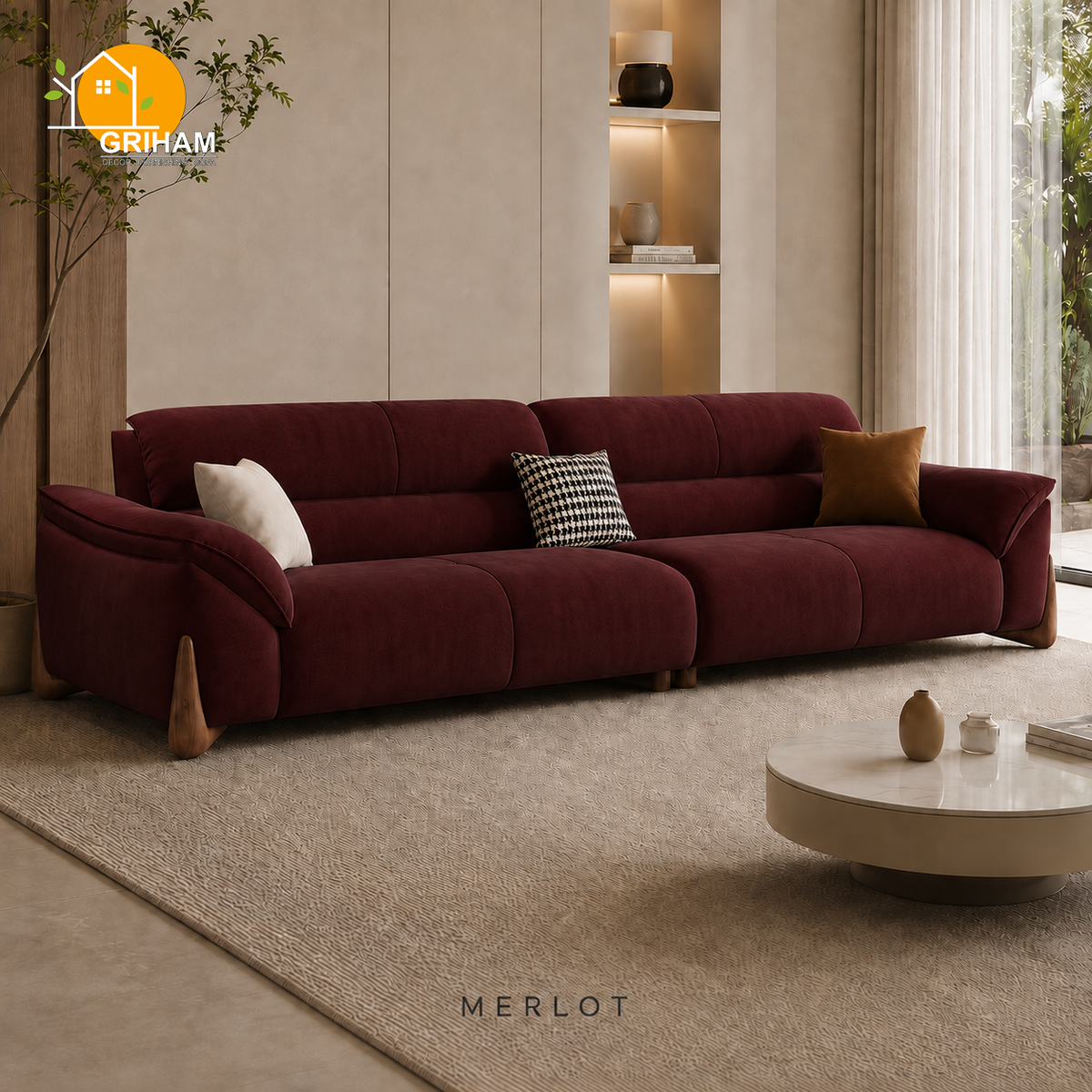 Kyoto Wood-Accent Sofa - 3 Seater in Merlot | Griham Decor