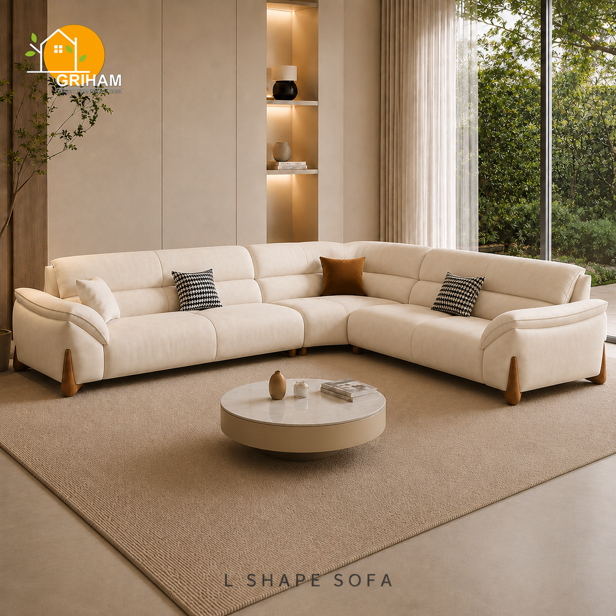 Kyoto Wood-Accent Sofa - 3+2 Corner in Ivory | Griham Decor