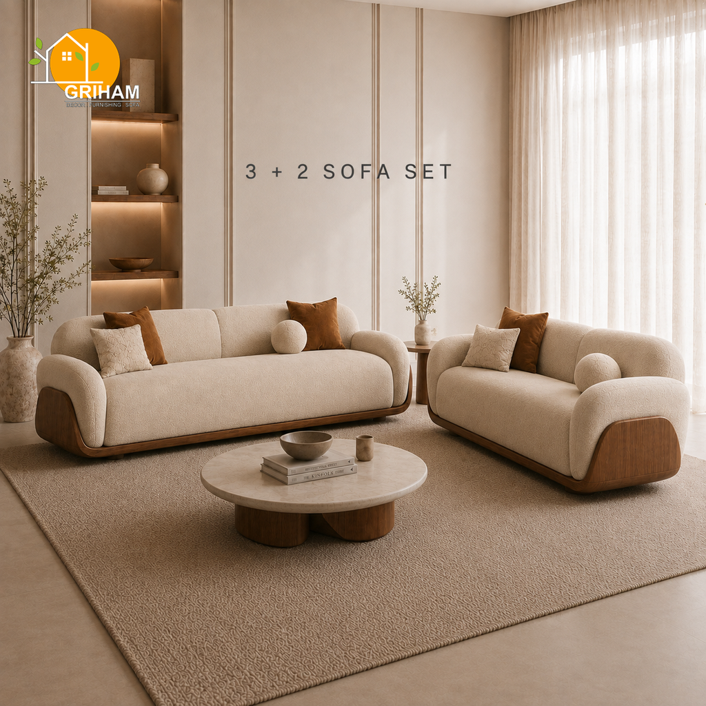 Terra Walnut Cradle Sofa - 3+2 Seater in Ivory | Griham Decor