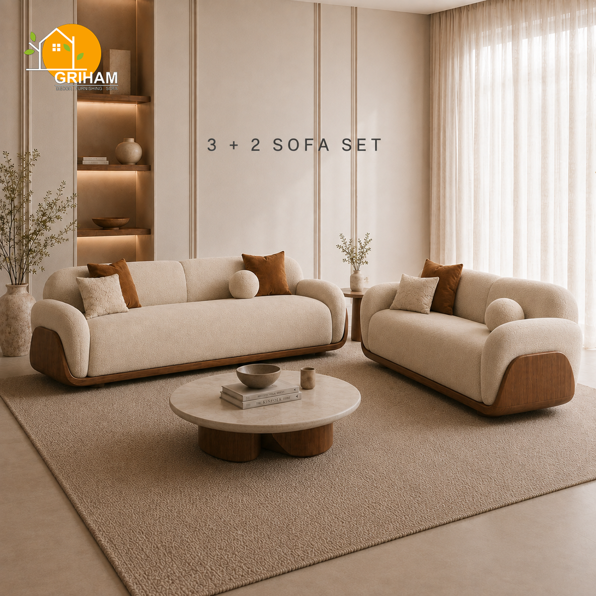 Terra Walnut Cradle Sofa - 3+2 Seater in Ivory | Griham Decor