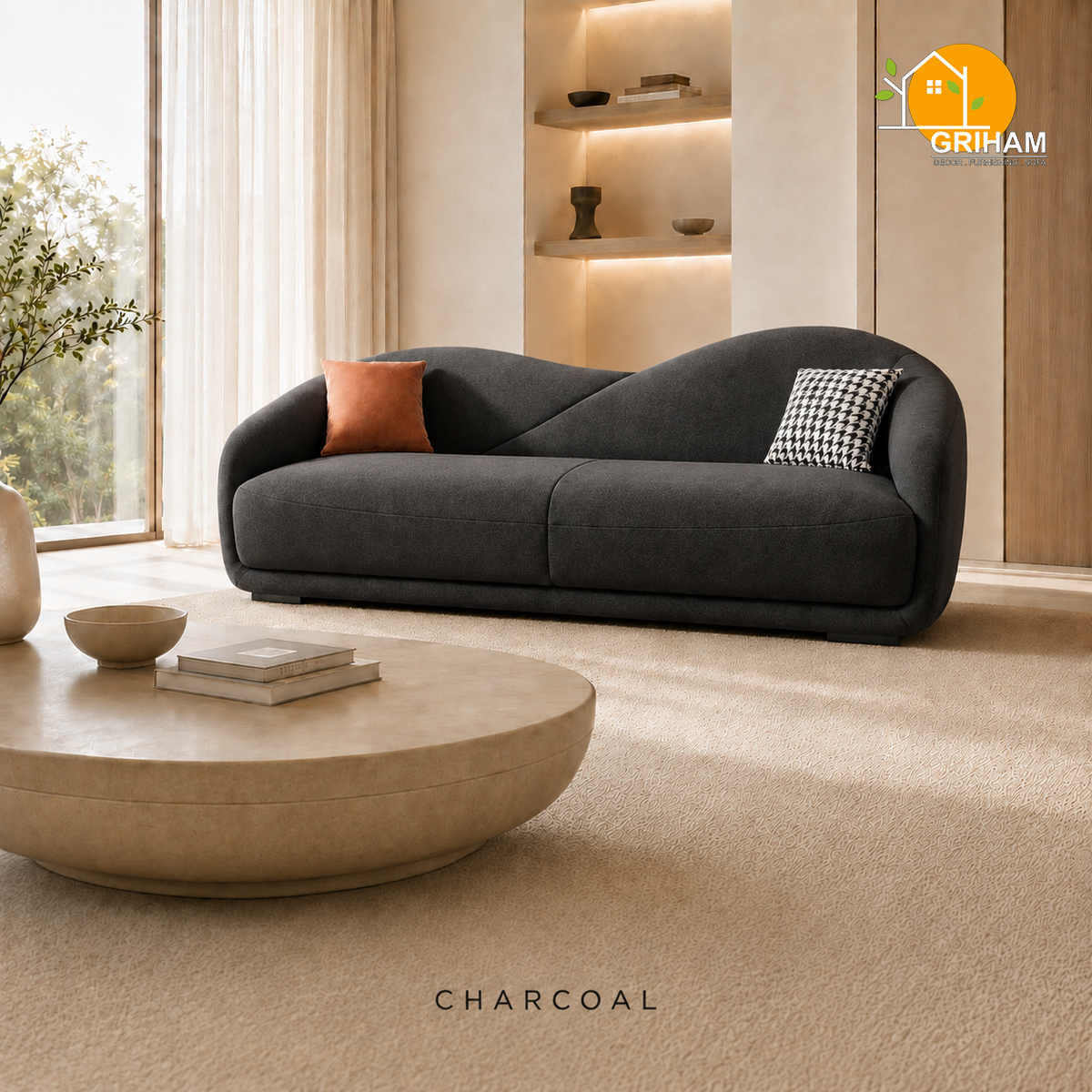 Serene Wave Sofa - 3 Seater in Charcoal | Griham Decor