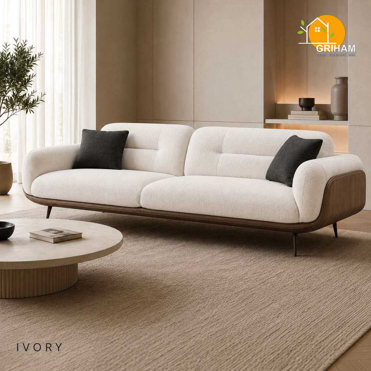 Oslo Walnut Wrap Sofa - 3 Seater in Ivory | Griham Decor