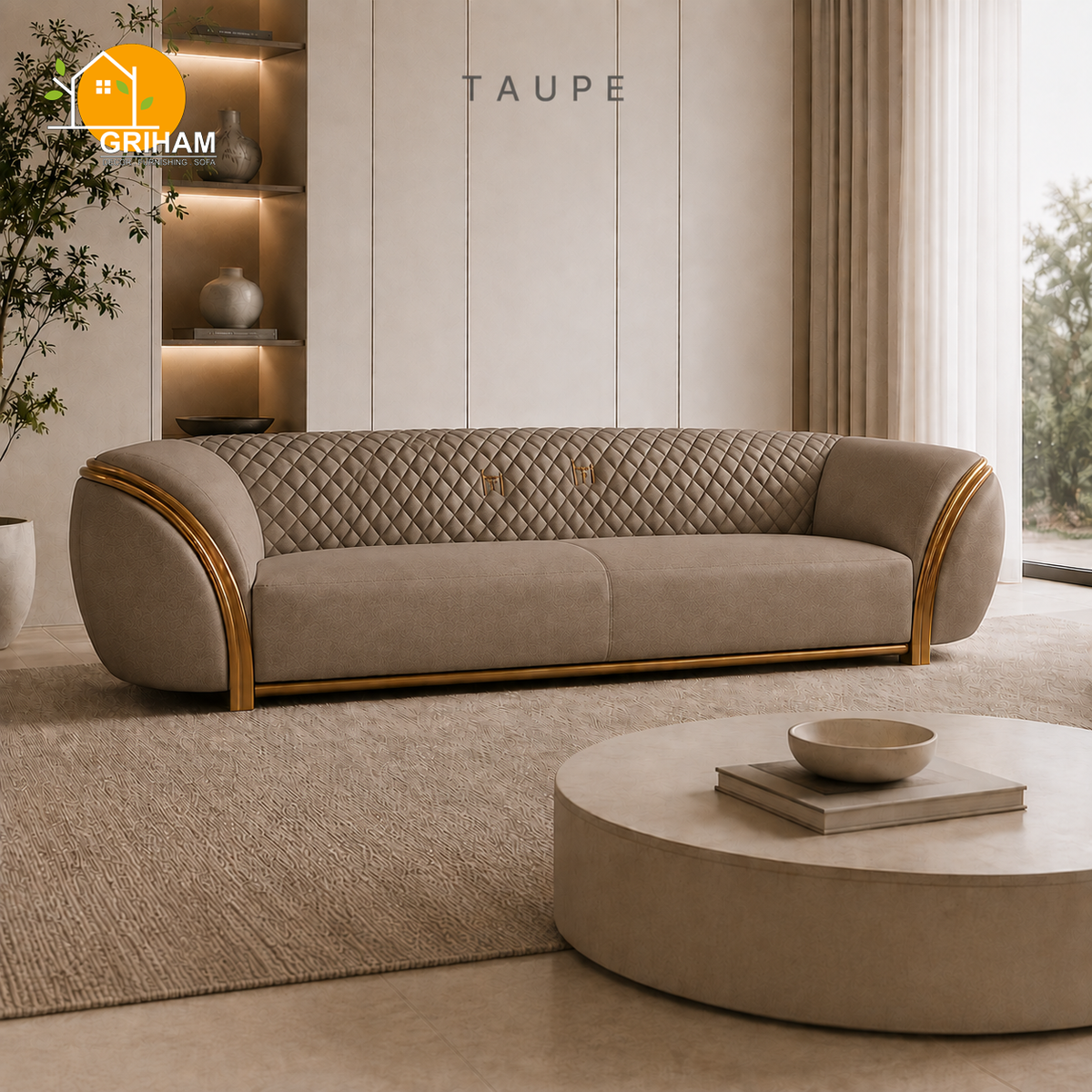 Aurelia Gold-Trim Sofa - 3 Seater in Taupe | Griham Decor