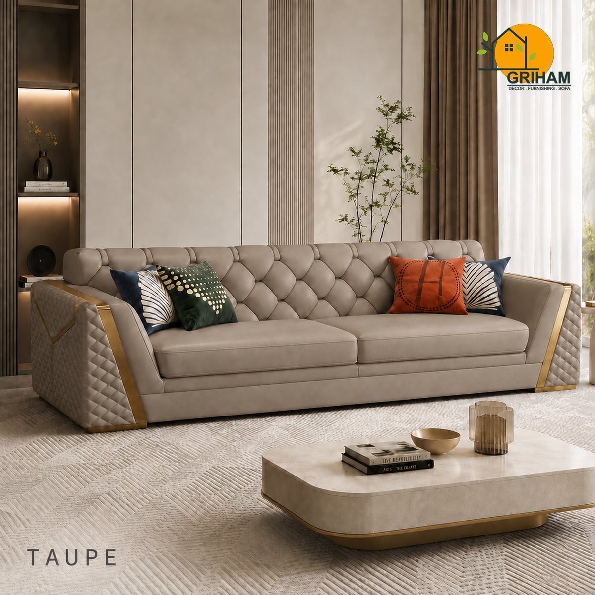 Imperial Diamond Sofa - 3 Seater in Taupe | Griham Decor