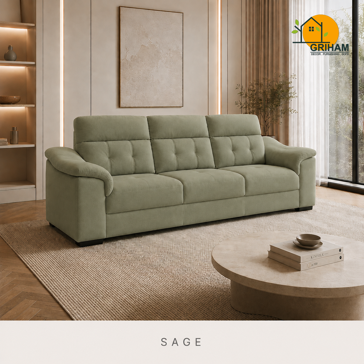 Regent High-Back Sofa - 3 Seater in Sage | Griham Decor
