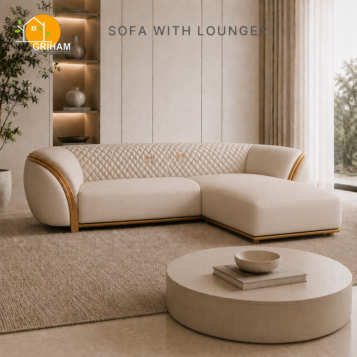 Aurelia Gold-Trim Sofa - 3+Lounger in Ivory | Griham Decor