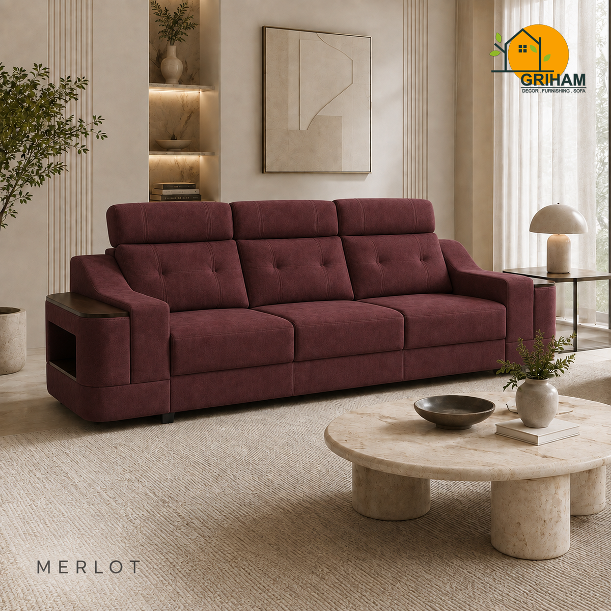 Haven Storage-Arm Sofa - 3 Seater in Merlot | Griham Decor