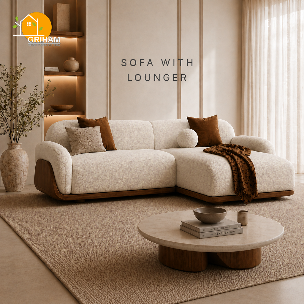 Terra Walnut Cradle Sofa - 3+Lounger in Ivory | Griham Decor