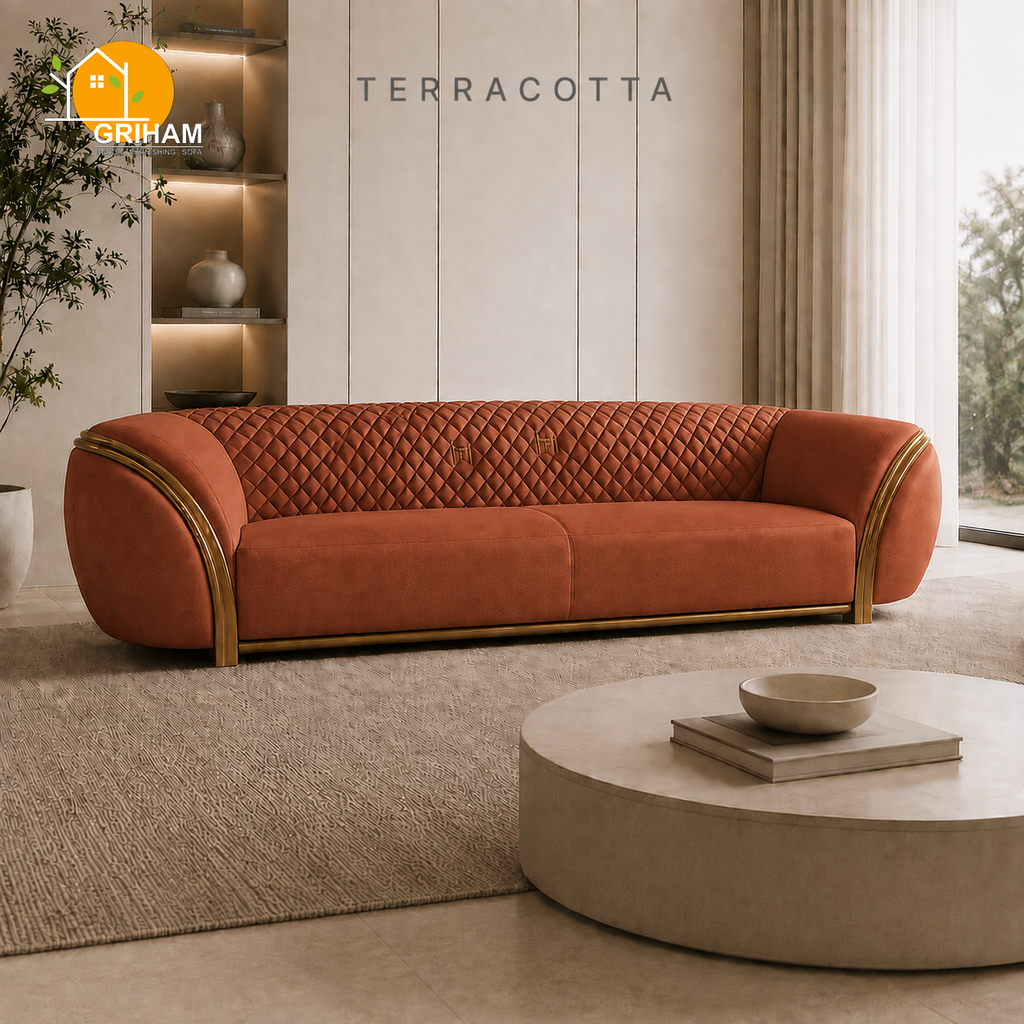 Aurelia Gold-Trim Sofa - 3 Seater in Terracotta | Griham Decor