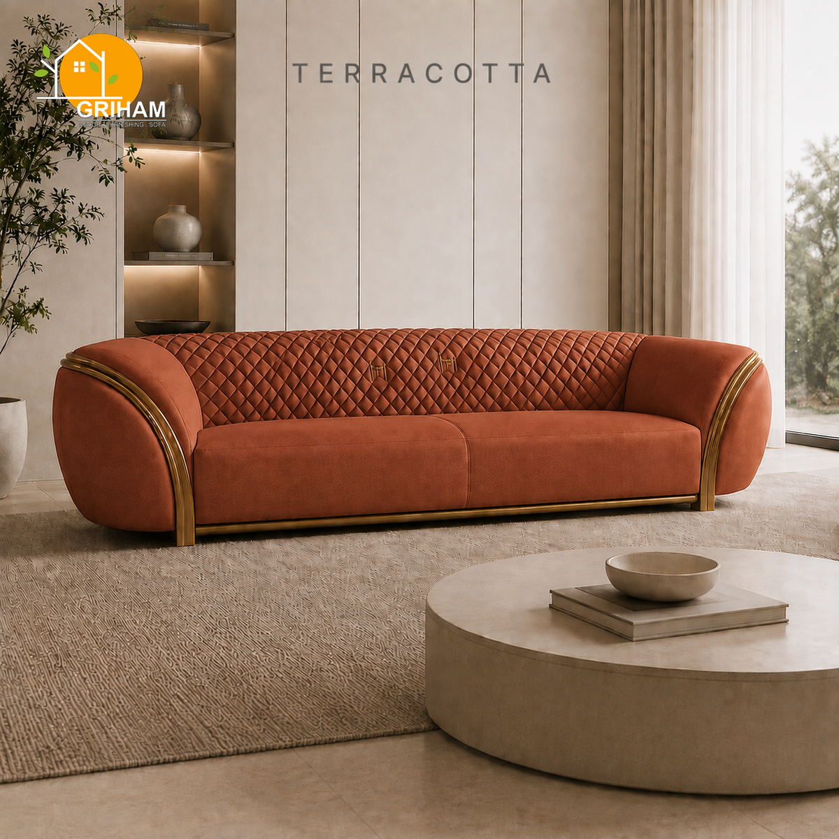 Aurelia Gold-Trim Sofa - 3 Seater in Terracotta | Griham Decor