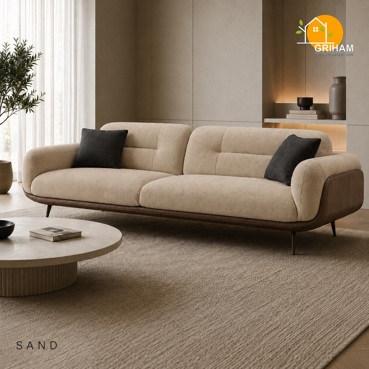 Oslo Walnut Wrap Sofa - 3 Seater in Sand | Griham Decor
