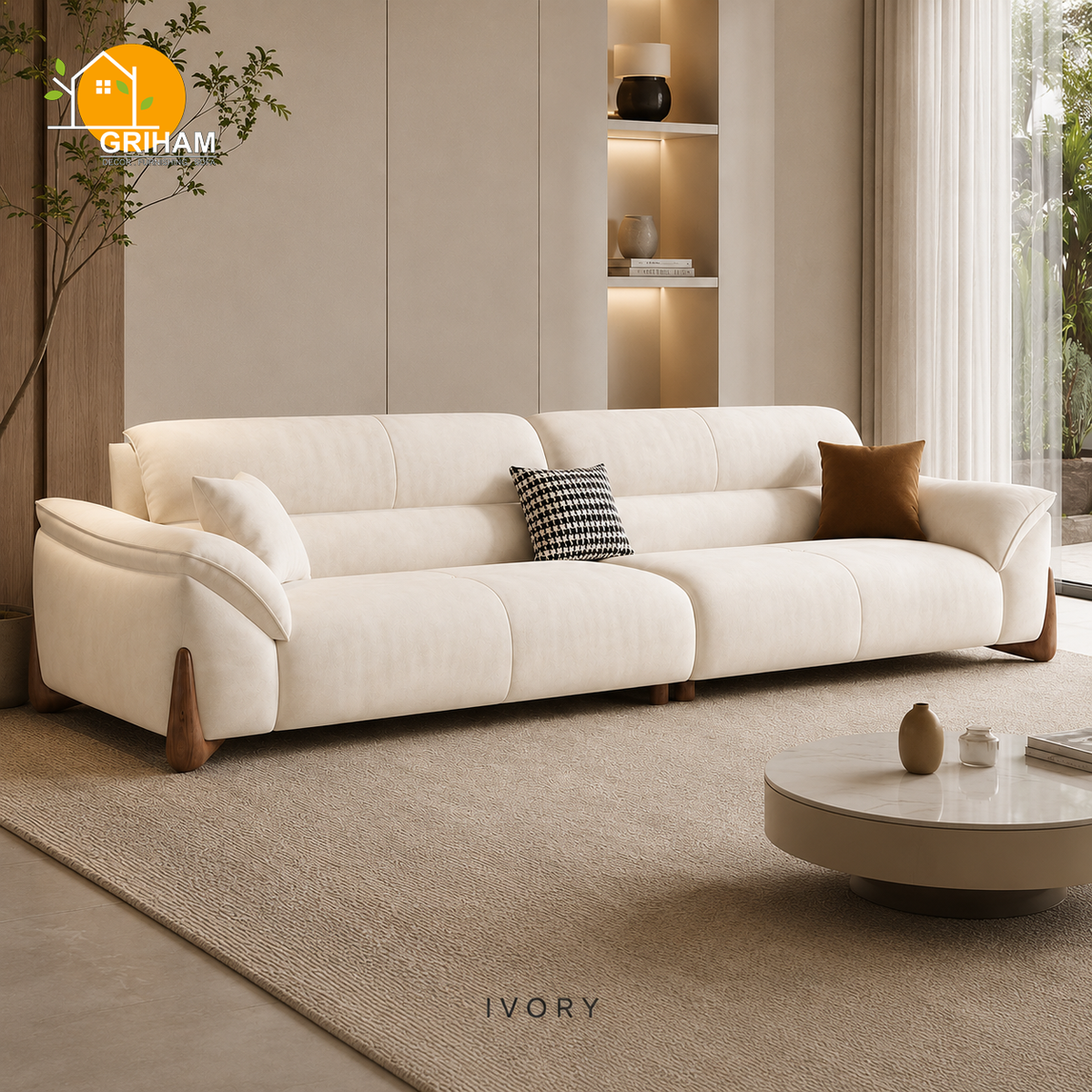 Kyoto Wood-Accent Sofa - 3 Seater in Ivory | Griham Decor